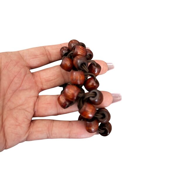 Wood Bead Stretch Hair Tie Elastic Brown Boho Style - Picture 2 of 3